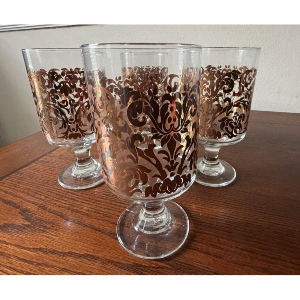 Target Gold Swirl Goblets 2007 Holiday Pedestal Glasses Brocade 16oz Set of 4